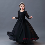 黑色长款袖蕾丝儿童女演出晚礼服，钢琴大提琴演奏服公主裙走秀春夏