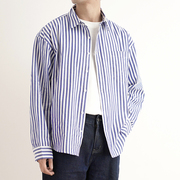 shijoin原创pocketime深蓝色条纹，衬衫200191宽松质感纯棉长袖衬衣