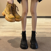 炸街马丁靴女2024年春季复古大黄靴小个子厚底系带短靴机车靴