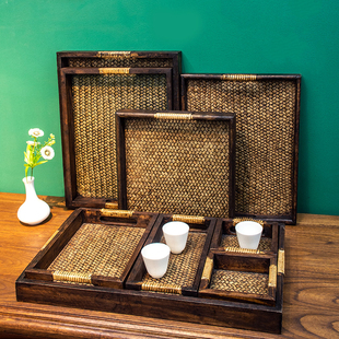 泰国实木藤编托盘长方形家用放茶水杯复古木质，茶盘日式竹编茶托盘