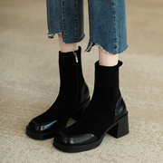 黑色高跟靴子女秋冬2023韩系小踝靴今年流行的洋气短靴瘦瘦靴
