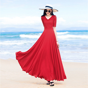 长裙到脚踝超长款，2024夏季红色蕾丝，大摆雪纺显瘦连衣裙女拖地