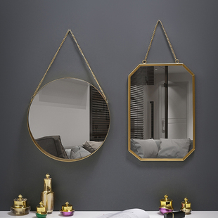创意免打孔挂墙化妆镜浴室，梳妆台镜子卫生间梳妆镜，铁艺北欧圆镜
