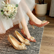 红色婚鞋水晶鞋亮片旗袍细跟法式神器主婚纱结婚鞋高跟新娘礼服子