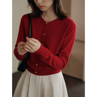 mixabo法式红色圆领羊毛，针织开衫女内搭秋款订婚上衣，显瘦短款毛衣