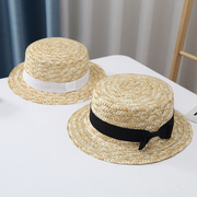 儿童草帽夏季遮阳可爱沙滩平顶，大沿帽男童女童，遮阳帽天然麦秆草帽