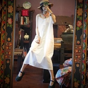 夏季原创白色吊带裙女复古风，百搭圆领纯棉，内搭套头打底衫纯色长裙