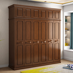 现代简约中式实木衣柜平开门组装二三四五六门橡木衣橱卧室家具