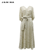 jnina捷恩尼纳泡泡袖，设计桑蚕丝连衣裙，复古印花2023春夏