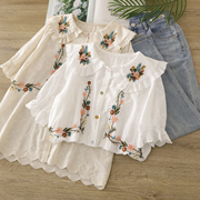 蕾丝花边娃娃领短袖上衣，夏季森系花朵刺绣，甜美衬衫女装衬衣