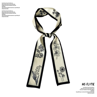 MS FLYTIE素描花卉系列 春秋窄长条丝巾飘带多功能绑包包发带夏季