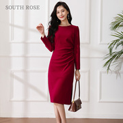 红色优雅长袖连衣裙女气质高端知性一步裙收腰显瘦中长款褶皱开叉