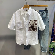 夏季口袋拼接印花中袖衬衣，韩版时尚青年，文艺百搭修身衬衫外套