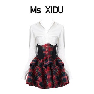 msxidu复古红格子半身裙，衬衣套装收腰显瘦撞色拼接高腰蓬蓬半裙