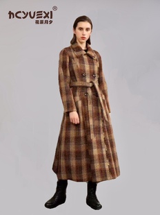 品质高端女装2022冬季宽松大码羊毛呢大衣，方领格子系带外套女