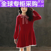欧洲女童连衣裙长袖秋冬儿童洋气，红色毛衣裙(毛衣裙)中大童大码胖