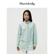 精工衬衫玛丝菲尔浅绿色绵羊毛，100%休闲通勤设计感长袖衬衣女