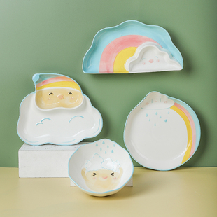 宝宝餐盘儿童餐具陶瓷组合卡通水果盘子碗可爱家用分隔分格饺子盘