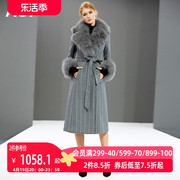 灰色羊毛呢子外套，女长款2022秋冬女装狐狸，大毛领毛呢大衣加厚