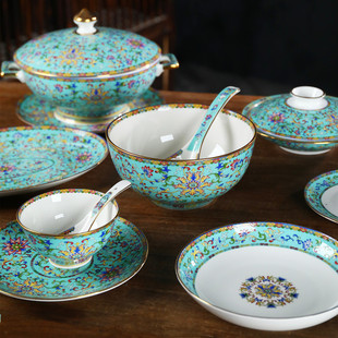 碗碟套装 家用宫廷珐琅彩中式金边陶瓷碗景德镇骨瓷餐具盘碗套装