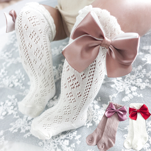 婴儿袜子夏白色纯棉网眼薄款宝宝高筒袜蝴蝶结花边女童公主长筒袜