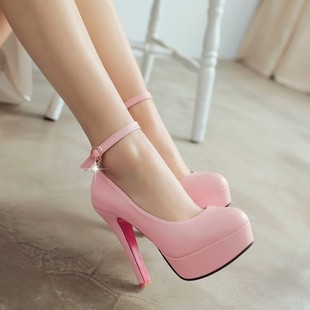 2023夏季女鞋防水台粉红色高跟鞋时尚，扣带粗跟圆头舒适单鞋