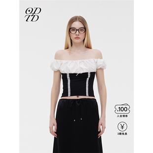 ODTD 设计师品牌24春夏黑白拼接短袖法式浪漫泡泡短T恤上衣女