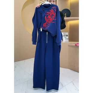 运动休闲套装女秋冬新中式国风高级感蓝色，加绒卫衣卫裤两件套