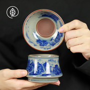 景德镇青花山水老陶泥茶漏陶瓷，茶滤家用茶隔一体，复古过滤网滤茶器