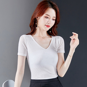 韩式白色T恤女短袖网纱显瘦2021夏季V领打底紧身上衣大码小衫