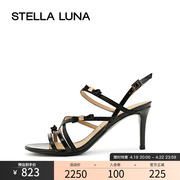 stellaluna女鞋安崎同款露趾高跟鞋金属，蝴蝶结性感时尚细跟凉鞋