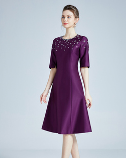 气质优雅日常可穿钉珠妈妈装紫色礼服女裙子春装遮肚子连衣裙