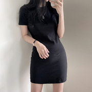 黑色短袖连衣裙女夏季韩版修身显瘦气质小个子纯棉中长款T恤