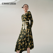 香莎CHANSARR 优雅气质丝绒印花长袖连衣裙 别致不规则荷叶边裙