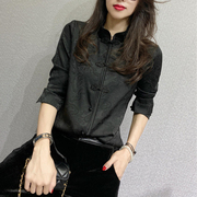 高级感气质黑色长袖，盘扣衬衫2023女秋冬中国风，宽松显瘦上衣潮