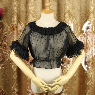 原创lolita短袖雪纺，提花点点内搭透视短款上衣洛丽塔打底衫