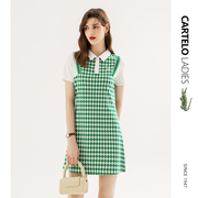 鳄鱼格子Polo连衣裙女短袖夏季薄绿色针织短裙设计感时尚显瘦裙子