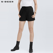 sdeer圣迪奥女装夏装个性松紧肌理褶皱高腰黑色A字短裤S21280909