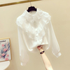 白色衬衫女洋气设计感小众春秋长袖拼接荷叶边雪纺蕾丝衫上衣