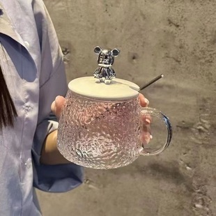 日式卡通熊玻璃杯网红水杯带把手茶杯，早餐学生女咖啡牛奶杯子