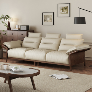 北欧实木沙发日式复古皮艺沙发新中式，小户型现代简约三人位胡桃色