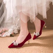 细跟婚鞋女春季2023年中式红色新娘鞋子不累脚，孕妇可穿高跟鞋