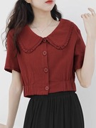 酒红色短袖衬衫女2024夏季设计感小众衬衣洋气短款娃娃领上衣