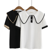 韩版短袖t恤夏季设计感小众荷叶领撞色体恤，时尚减龄大码遮肉上衣