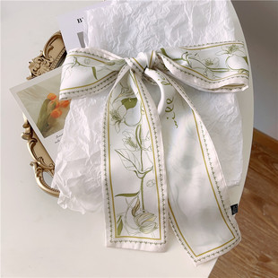 绿色小清新花卉丝巾小长条女细窄编发发带，高级感绑包包丝带腰带