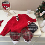 伶俐家 冬季女童洋气圣诞新年红色套头毛衣上衣+红格长裤半裙