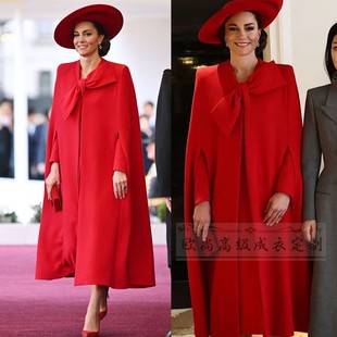 高端定制凯特王妃同款红色圆领斗篷大衣毛呢外套长款宽松英伦大气
