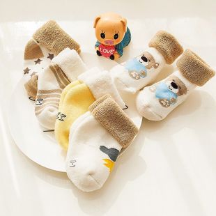 新生婴儿袜子秋冬季加厚保暖加绒冬天款纯棉长筒初生宝宝中筒棉袜
