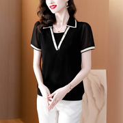 韩国假两件黑色雪纺短袖，t恤女夏季2024洋气气质时尚休闲上衣