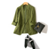 通勤显瘦修身一粒扣棉麻西服，绿色竖条纹，亚麻小西装春夏外套女